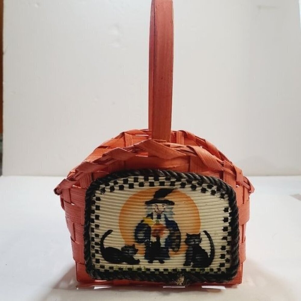 Vintage Orange Wicker Hand Painted Halloween Witch Cat Basket